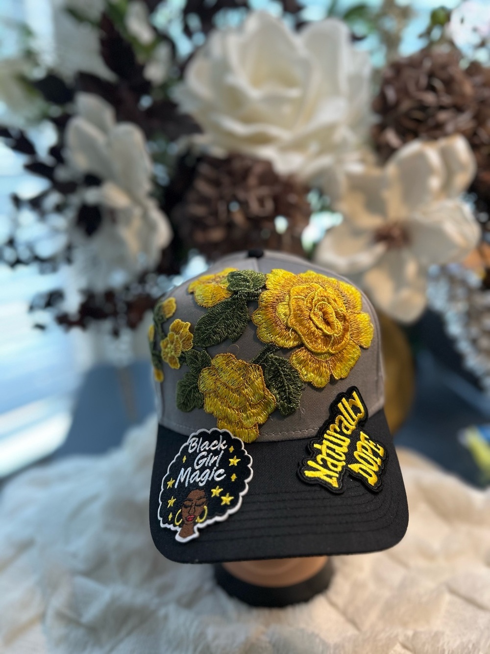 Gray and Black Floral Embroidered Baseball Hat with Yellow Rose Accents